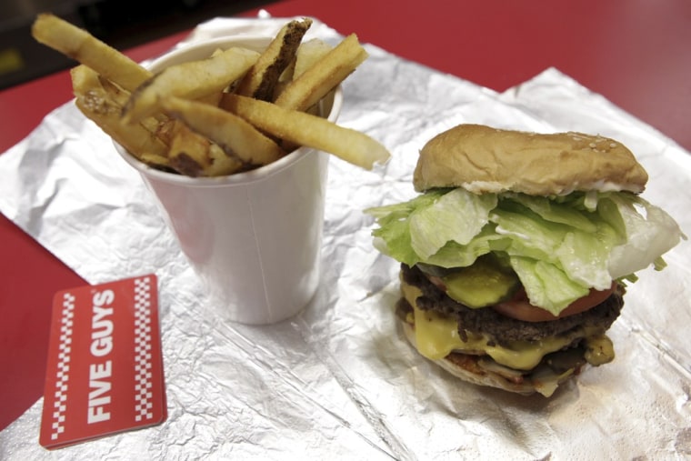 American chain Five Guys excels at made-to-order burgers with fresh beef on a squishy bun, and hand-cut French fries.